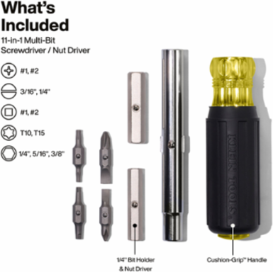 Multi-Bit Screwdriver 11-in-1 with Cushion Grip Handle, Nut Driver Sizes 3/8", 5/16", 1/4"