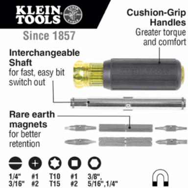 11-in-1 Magnetic Screwdriver/Nut Driver with 3 Nut Driver Sizes and Cushion Grip