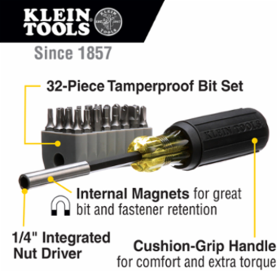 Magnetic Screwdriver Set with 32 Tamperproof Bits, 1/4 Inch Nut Driver, Cushion Grip