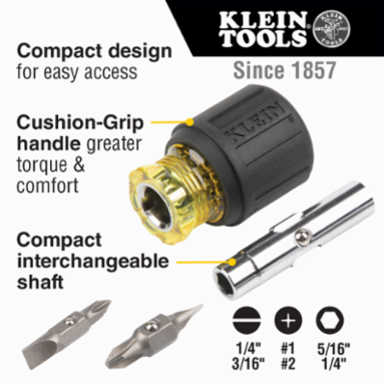 Multi-Bit Stubby Screwdriver Nut Driver 6-in-1, 3.25 Inch Length, Cushion Grip