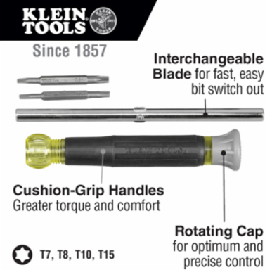 4-in-1 Electronics Screwdriver, TORX® Bits, 6.5 Inch Length, Cushion Grip