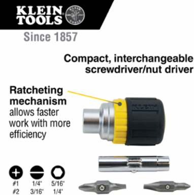 Multi-Bit Stubby Ratcheting Screwdriver, 6-in-1 with Cushion Grip Handle and Nut Drivers