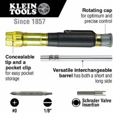 3-in-1 HVAC Pocket Screwdriver, Cushion Grip, #0 Phillips, 1/8 Inch Slotted