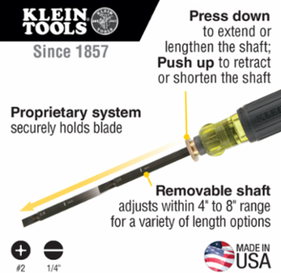 Adjustable Screwdriver 4-8 Inch Length, #2 Phillips & 1/4 Inch Slotted Tips