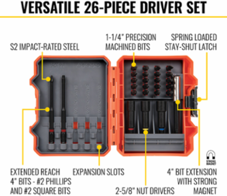 Pro Impact Power Bit Set, 26-Piece with 1-1/4 Inch Bits and S2 Steel Construction