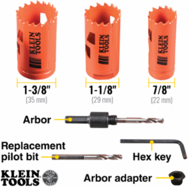 Electrician's Hole Saw Kit - 7/8", 1-1/8", 1-3/8" Bi-Metal Saws, 2.6 lbs