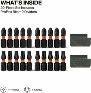 Slim Proflex Impact-Rated Bit Set, Phillips #2 and TORX® #25, 20-Piece