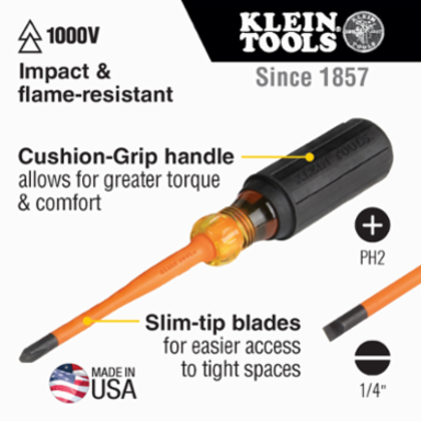 Slim-Tip Insulated Screwdriver Set - 4 Inch, 2 Pieces, Cabinet & Phillips Tips