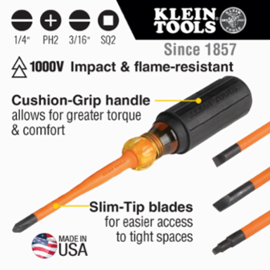 Slim-Tip Insulated Screwdriver Set, 4-Piece, 1000-Volt Rated