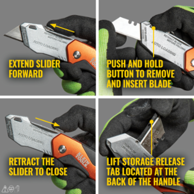 Auto-Loading Folding Utility Knife, 7.125 Inch Length, 440A Stainless Steel Blades