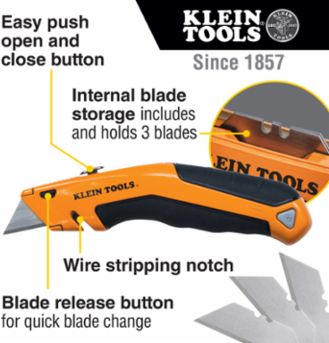 Klein-Kurve® Retractable Utility Knife, 6.5 Inch Closed, Rubber Handle, 440A Stainless Steel Blades