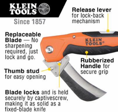 Cable Skinning Utility Knife 4.75 Inch Handle, 2.5 Inch Hawkbill Blade