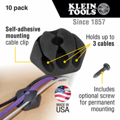 Self-Adhesive Cable Mounting Clips, 3-Slot, 1.3 Inch, Pack of 10
