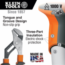 Insulated Pump Pliers 10 Inch Slim Handle, 1000V Rated, High-Dielectric Plastic