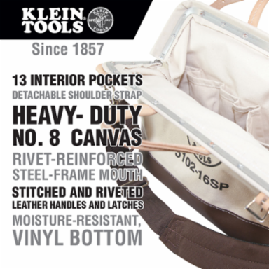 Deluxe Canvas Tool Bag 16 Inch, 13 Pockets, Heavy-Duty, Adjustable Shoulder Strap