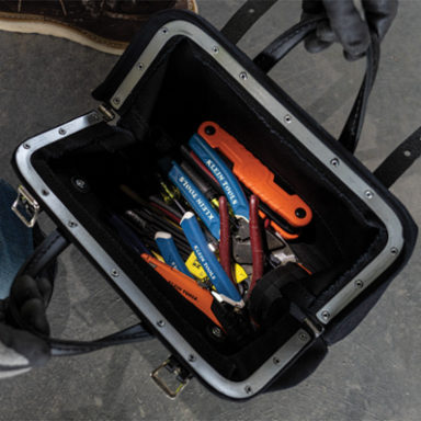 Black Canvas Tool Bag 12 Inch with Leather Handles and Moisture-Resistant Vinyl Base