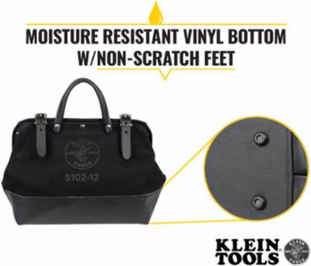 Black Canvas Tool Bag 12 Inch with Leather Handles and Moisture-Resistant Vinyl Base