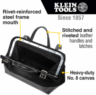 Black Canvas Tool Bag 12 Inch with Leather Handles and Moisture-Resistant Vinyl Base