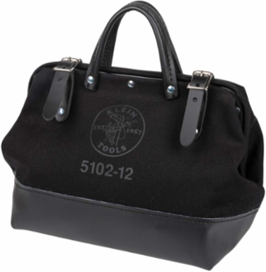 Black Canvas Tool Bag 12 Inch with Leather Handles and Moisture-Resistant Vinyl Base