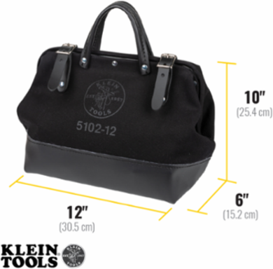 Black Canvas Tool Bag 12 Inch with Leather Handles and Moisture-Resistant Vinyl Base