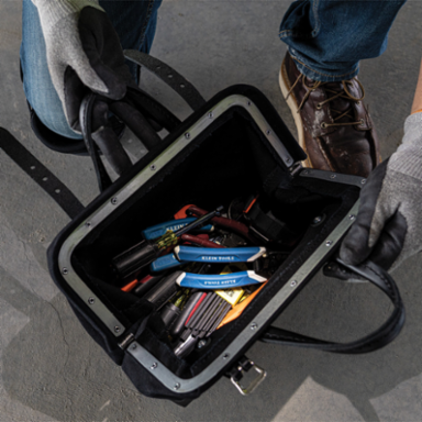 Black Canvas Tool Bag 12 Inch with Leather Handles and Moisture-Resistant Vinyl Base