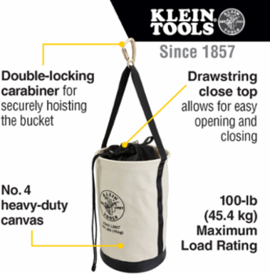 Canvas Tool Bucket, 17 Inch, Load Rated 100 lbs, Drawstring Closure