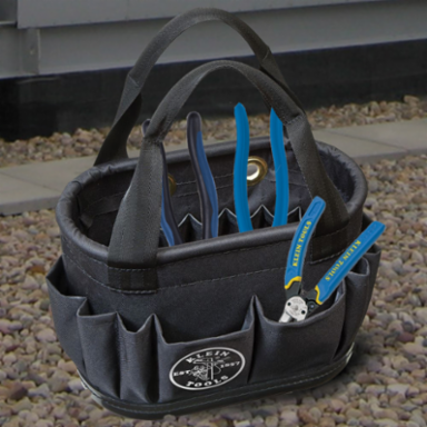 Hard-Body Aerial Tool Bucket, 29 Pockets, 10 Inch Height, Denier Polyester, Black