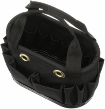 Hard-Body Aerial Tool Bucket, 29 Pockets, 10 Inch Height, Denier Polyester, Black