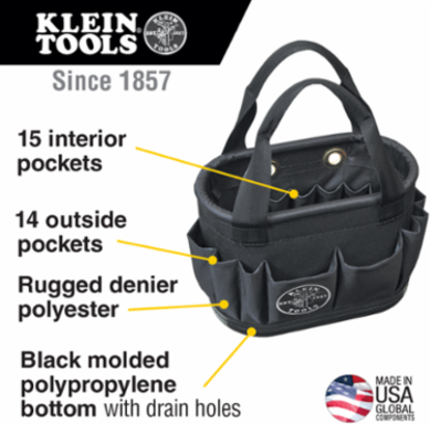 Hard-Body Aerial Tool Bucket, 29 Pockets, 10 Inch Height, Denier Polyester, Black