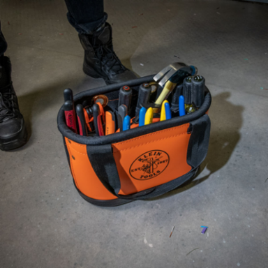 Hard-Body Oval Tool Bucket, 15 Pockets, 10 Inch Height, Orange/Black