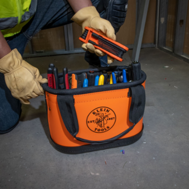 Hard-Body Oval Tool Bucket, 15 Pockets, 10 Inch Height, Orange/Black