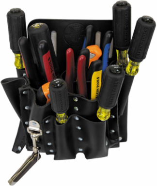 10 Pocket Leather Tool Pouch with Knife Snap, 2 Inch Belt Width, Black