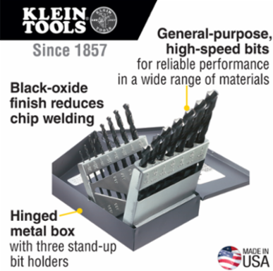 Regular-Point Drill Bit Set, 15-Piece, 1-1/16" to 1/2" Size, Steel, Made in USA