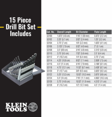 Regular-Point Drill Bit Set, 15-Piece, 1-1/16" to 1/2" Size, Steel, Made in USA