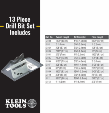 Regular-Point Drill-Bit Set, 13-Piece, Sizes 1/16-Inch to 1/4-Inch, Steel
