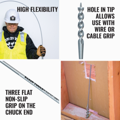 Flex Auger Bit, 3/8 Inch x 72 Inch, Screw Point Tip, Spring Steel Shaft