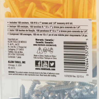 Conical Anchor Kit with 100 #2 Phillips Screws, Includes 1/4 Inch Drill Bit