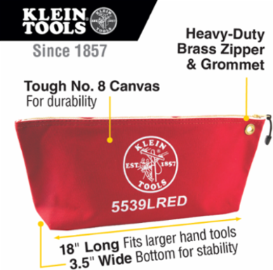 Large Canvas Zipper Tool Pouch, 18 Inch, Red, Wide-Bottom Design, Heavy-Duty Brass Zipper