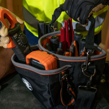 Tradesman Pro™ Shoulder Pouch Tool Bag, 14 Pockets, 10 Inch Height, Black/Orange