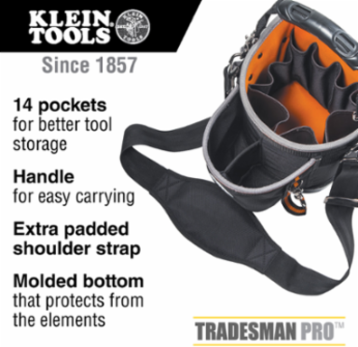 Tradesman Pro™ Shoulder Pouch Tool Bag, 14 Pockets, 10 Inch Height, Black/Orange