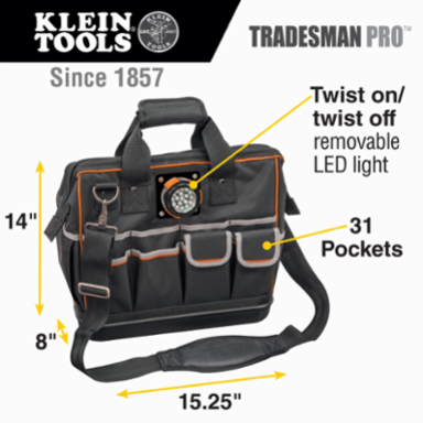 Tradesman Pro™ Lighted Tool Bag, 31 Pockets, 15 Inch, 1680d Ballistic Weave