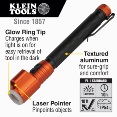 LED Inspection Penlight with Laser Pointer, 70 Lumens, Aluminum Body, 10' Drop Protection