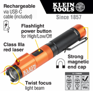 Rechargeable LED Flashlight with Laser, 350 Lumens, 10-Foot Drop Protection