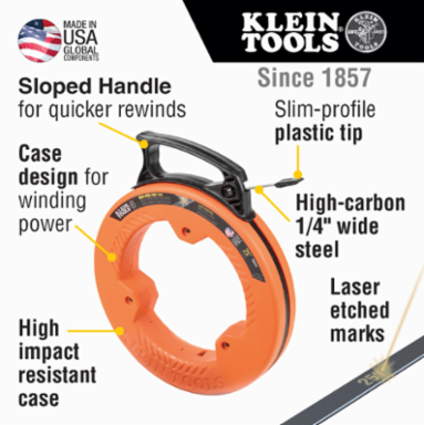 Wide Steel Fish Tape 1/4 Inch x 25 Foot, 60 lb Pull Force, Plastic Slim Tip