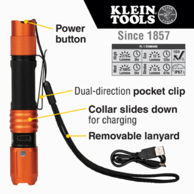 Rechargeable Waterproof Pocket Flashlight, 275 Lumens, 10 Ft Drop Rated, USB-C Charging