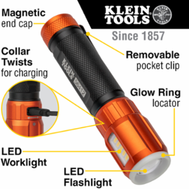 Rechargeable LED Flashlight with Work Light, 500 Lumens, IP66 Water-Resistant