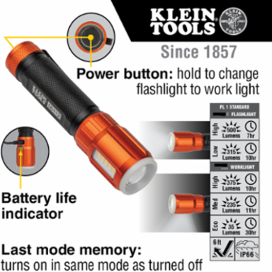Rechargeable LED Flashlight with Work Light, 500 Lumens, IP66 Water-Resistant