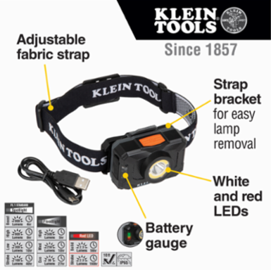 Rechargeable LED Headlamp - 800 Lumens, Adjustable Fabric Strap, Red/White Light