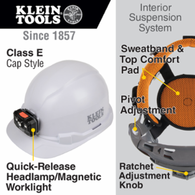 Hard Hat with Rechargeable Headlamp, White, Type 1, Class E, 6.5 to 8 Hat Size