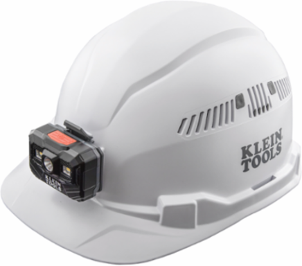 Vented Hard Hat with Rechargeable Headlamp, White, Type 1, 6.5 to 8 Inch Size